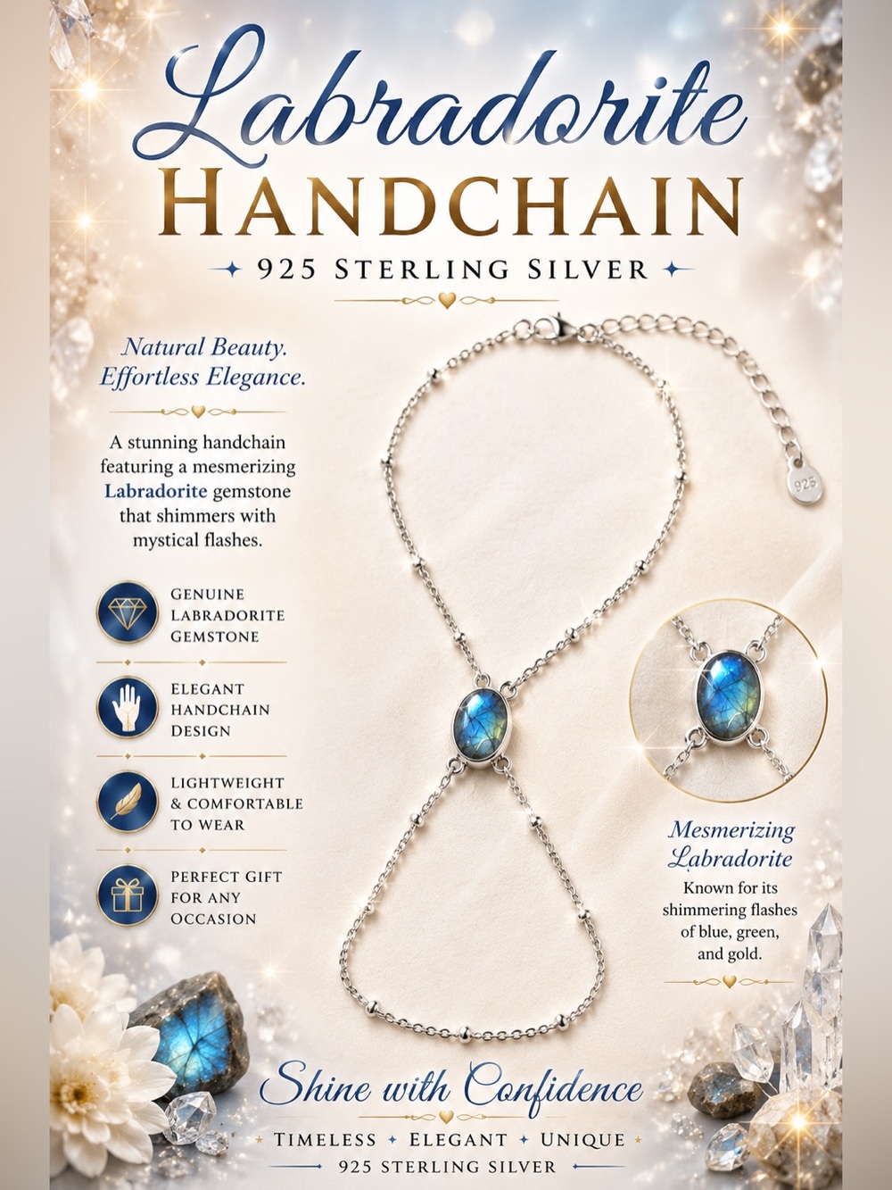 Labradorite 925 Sterling Silver Handchain - Blue Gemstone